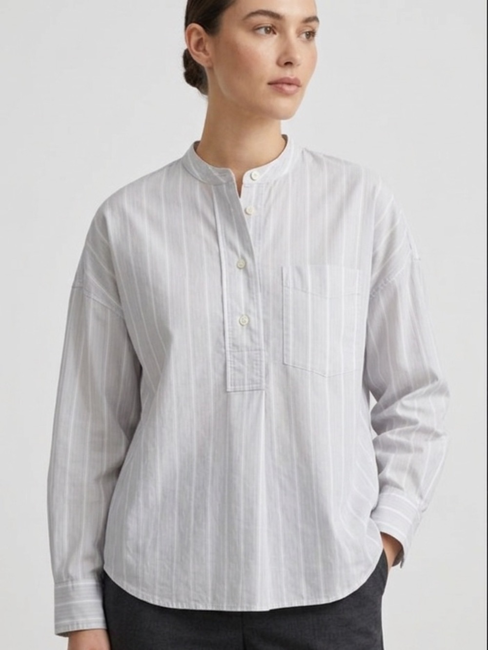 Everlane Women's Grey White Striped Oversized 100%Cotton Collarless Shirt Size4